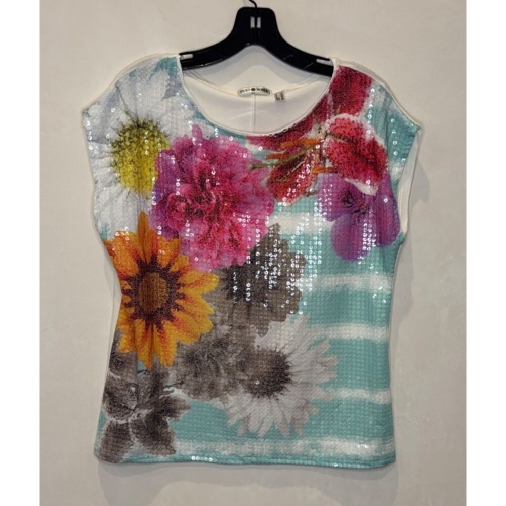 NWOT. PUNT ROMA Sequin Floral Tee White/Blue Stripe (from Mallorca Spain) Size M